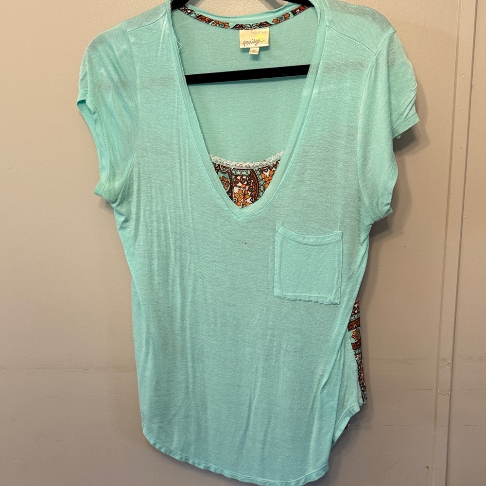 Anthro Women's Aqua V-Neck Tee with Patterned Detail